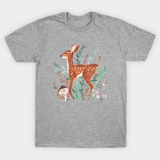 Little fawn and leaves T-Shirt by Petit Faon Prints